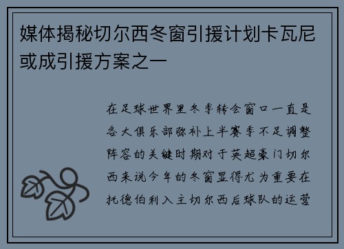 媒体揭秘切尔西冬窗引援计划卡瓦尼或成引援方案之一