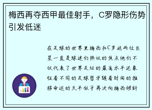 梅西再夺西甲最佳射手，C罗隐形伤势引发低迷