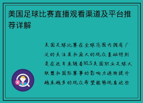 美国足球比赛直播观看渠道及平台推荐详解