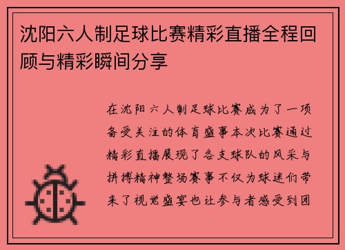 沈阳六人制足球比赛精彩直播全程回顾与精彩瞬间分享